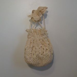 Hand Crocheted Creamy Cotton Lace Drawstring Bag